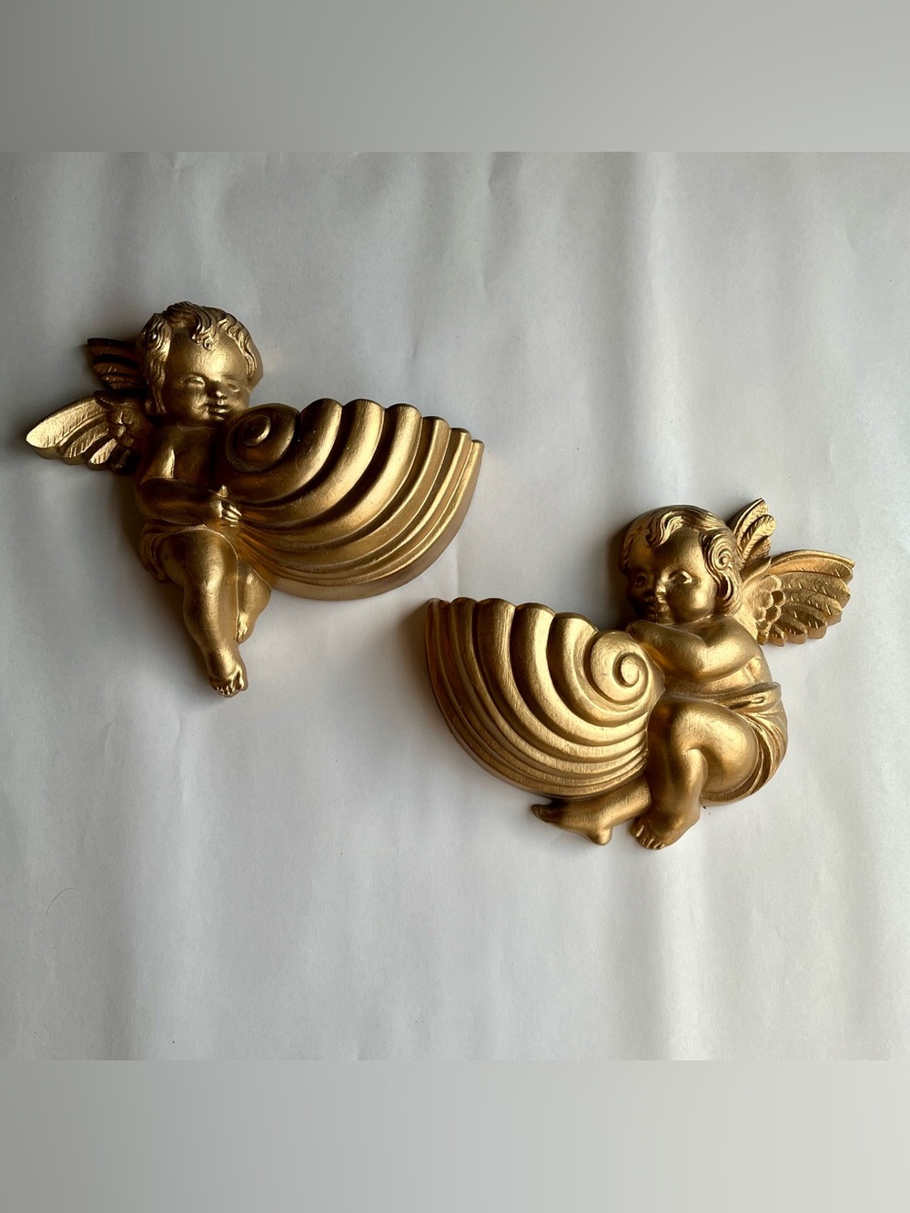 Vintage Burwood Gold Tone Angel Cherub Wall Pockets - Set of 2